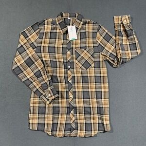 CROMONCENT Flannel Shirt Mens Small Gray Tan Plaid Long Sleeve Button Up New